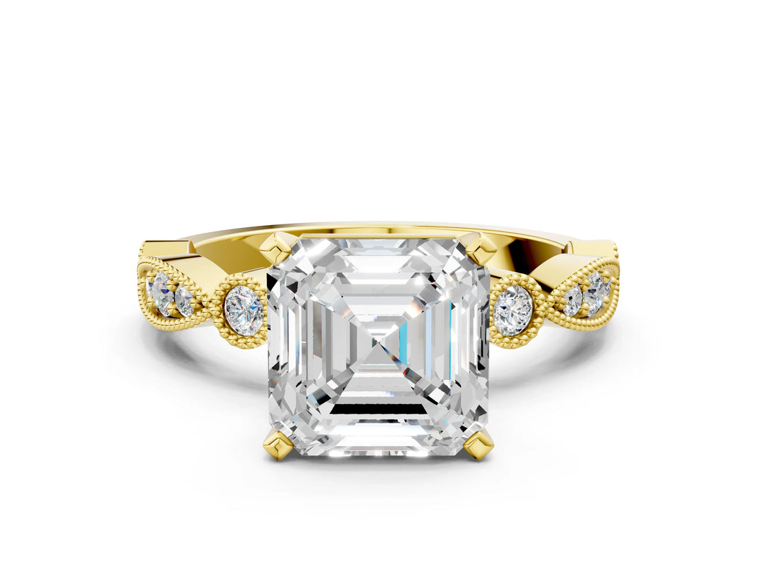 Yellow gold Asscher Milgrain Bezel Diamond Engagement Ring with Solitaire Prong Setting_35