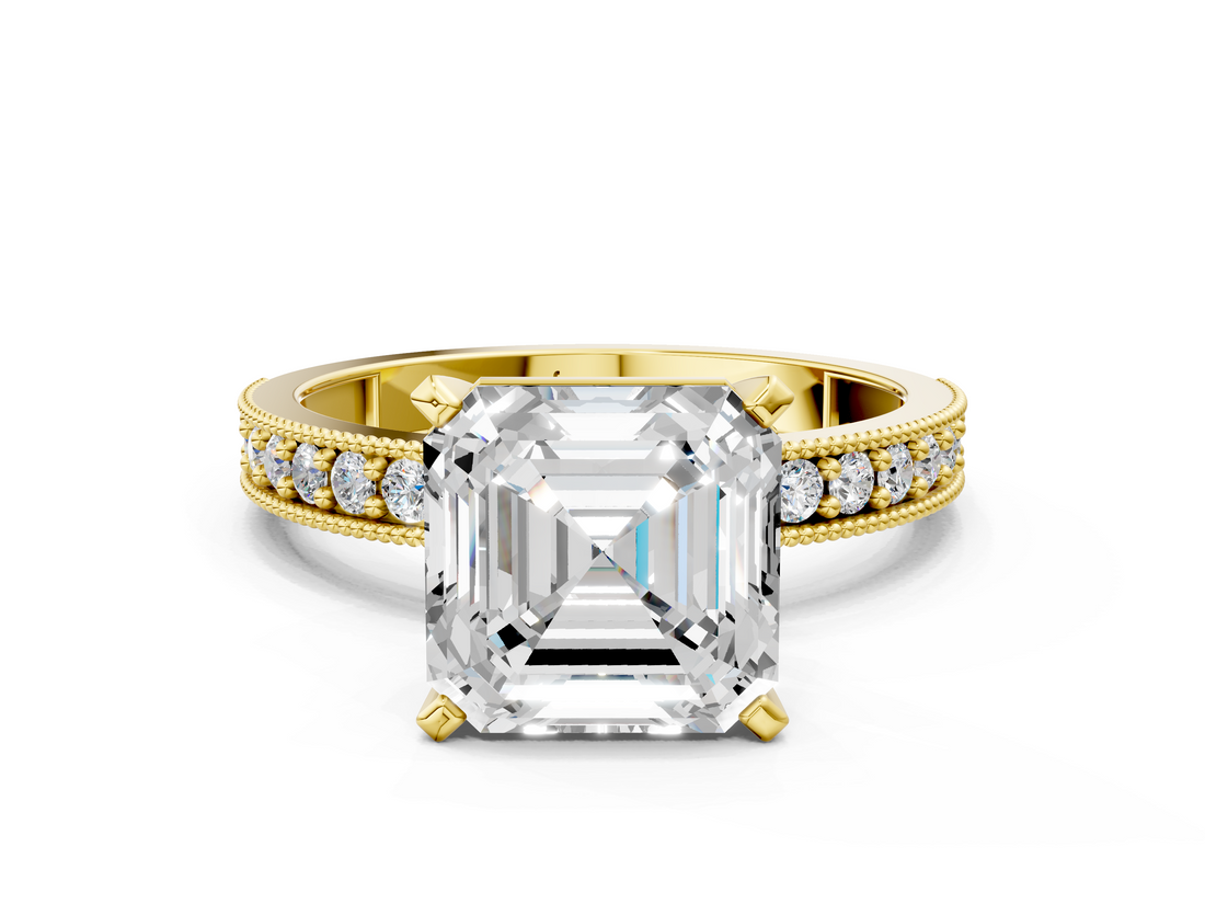 Yellow gold Asscher Milgrain Pave Diamond Engagement Ring with Four-Prong Setting_6
