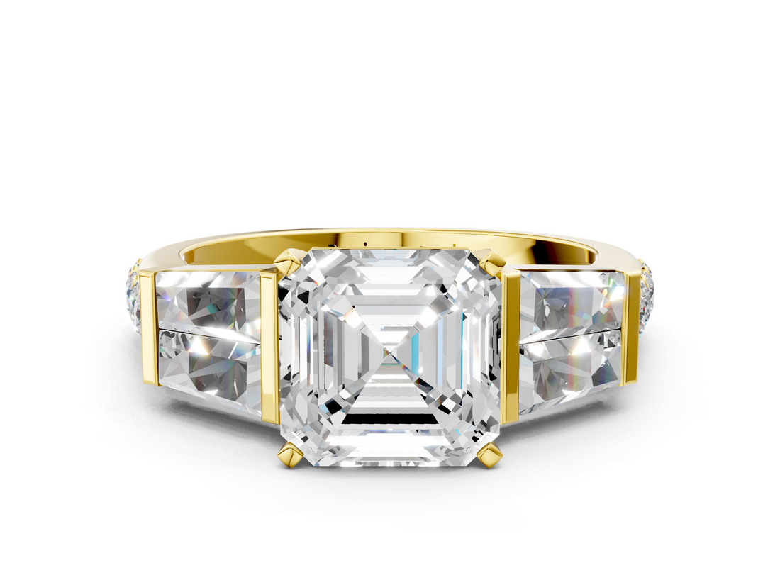 Yellow gold Asscher Solitaire Baguette Side Stone Channel Set Engagement Ring_7