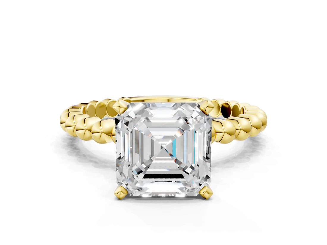 Yellow gold Asscher Solitaire Beaded Band Prong Setting Ring