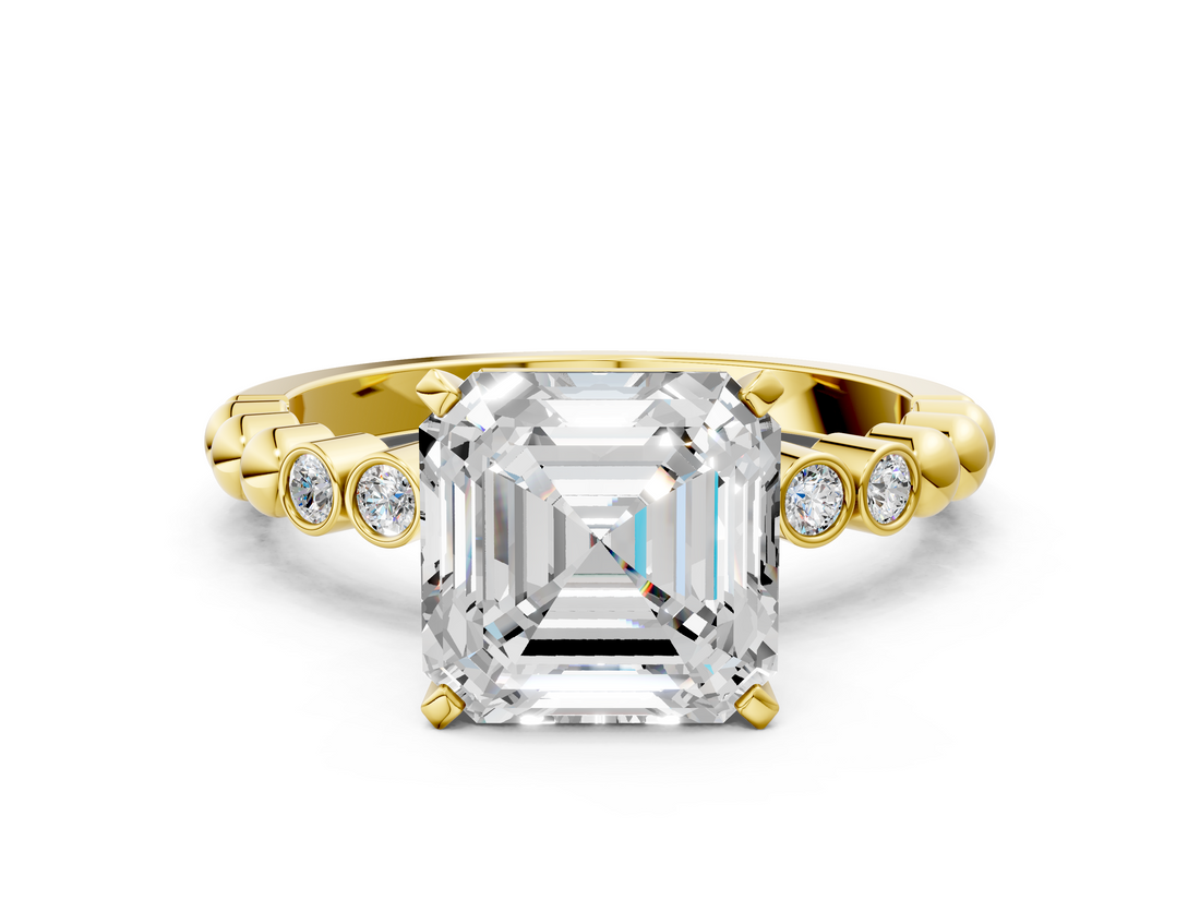 Yellow gold Asscher Solitaire Bezel Accent Diamond Engagement Ring with Beaded Band and Four-Prong Setting_7