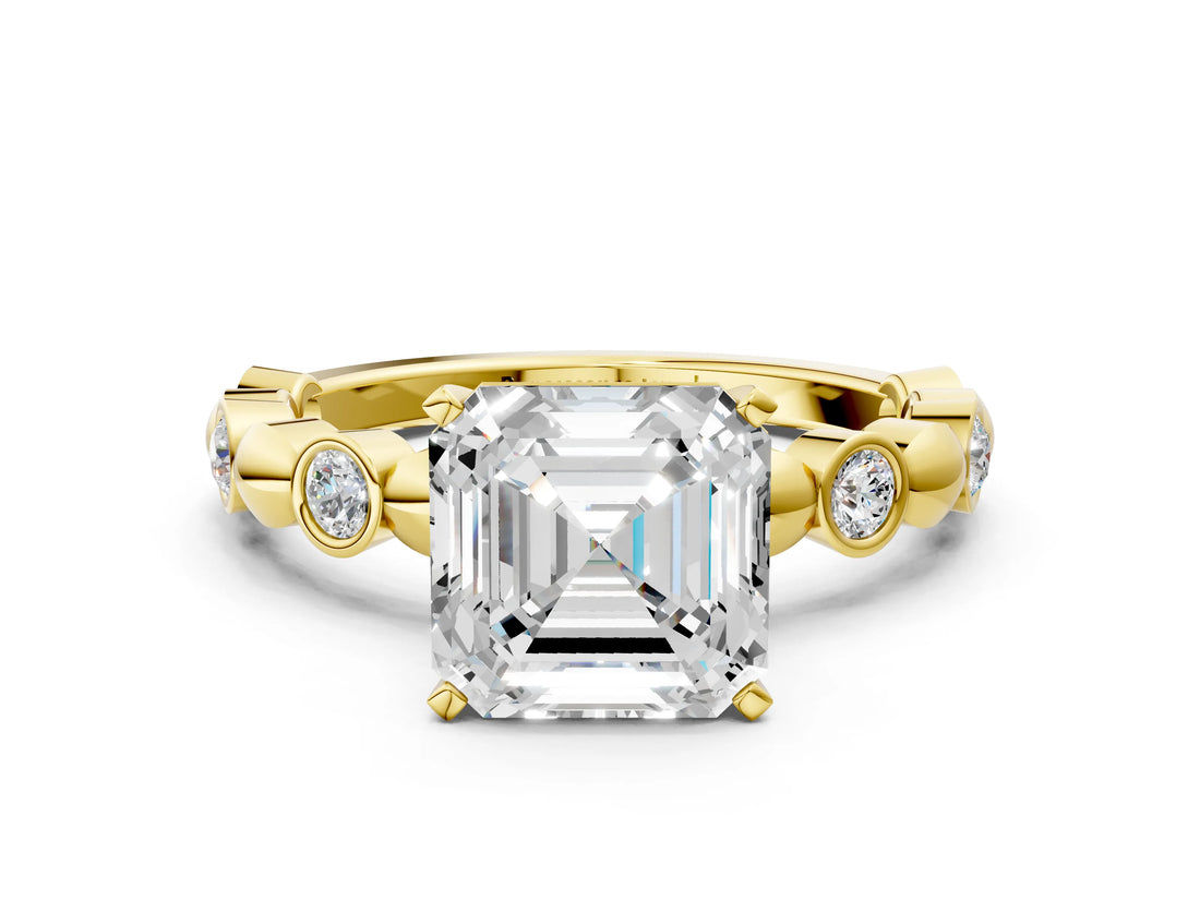 Yellow gold Asscher Solitaire Bezel-Set Diamond Ring with Beaded Band and Four-Prong Setting_91