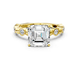 Yellow gold Asscher Solitaire Bezel-Set Diamond Ring with Beaded Band and Four-Prong Setting_91