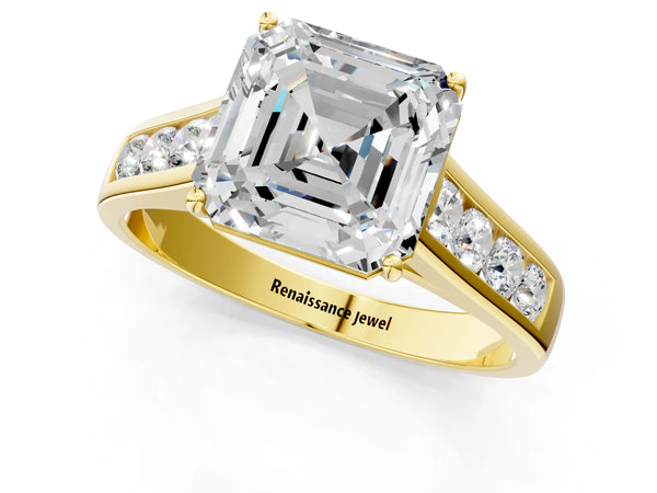 Yellow gold Asscher Solitaire Channel-Set Diamond Engagement Ring with Four-Prong Setting