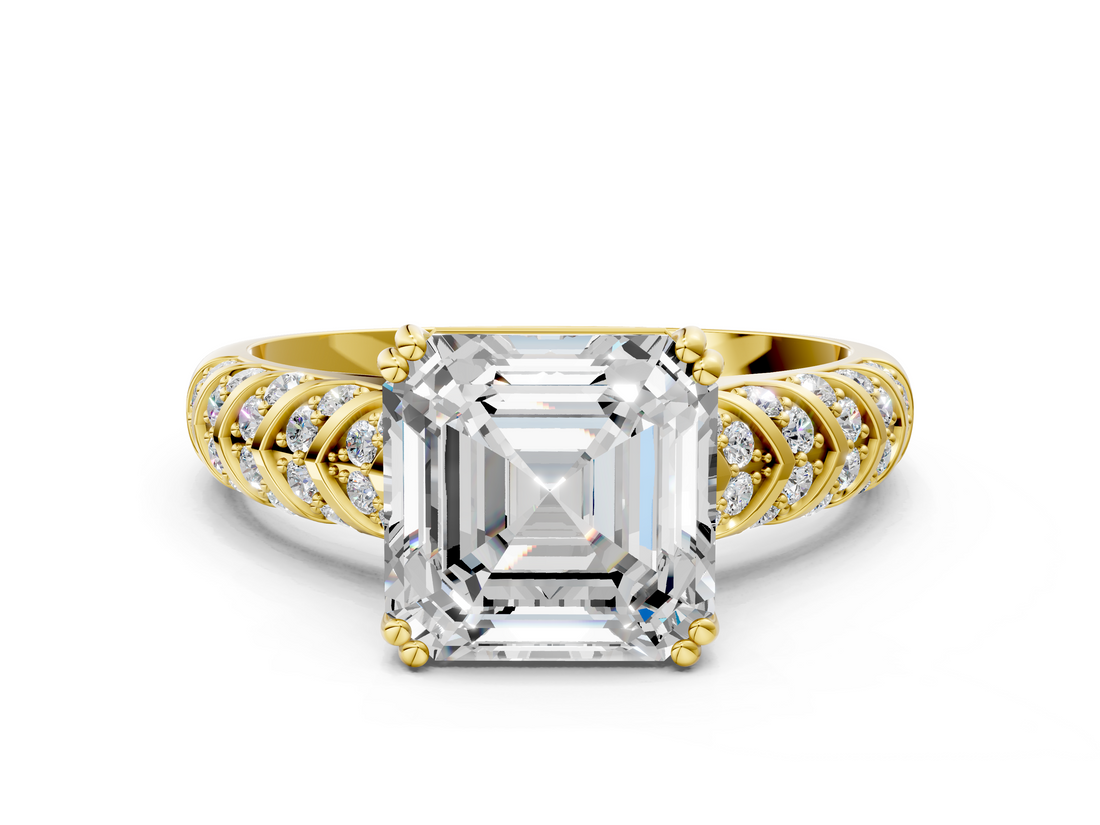 Yellow gold Asscher Solitaire Chevron Pave Diamond Engagement Ring with Six-Prong Setting_3