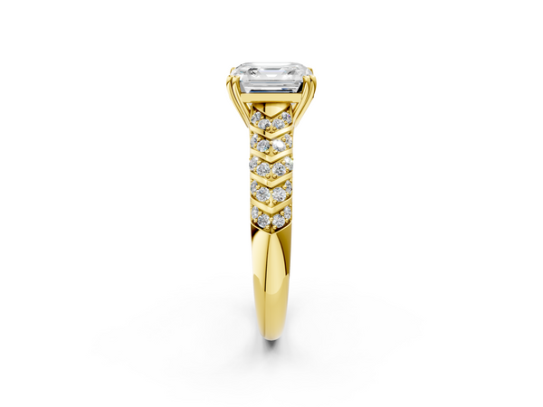 Yellow gold Asscher Solitaire Chevron Pave Diamond Engagement Ring with Six-Prong Setting