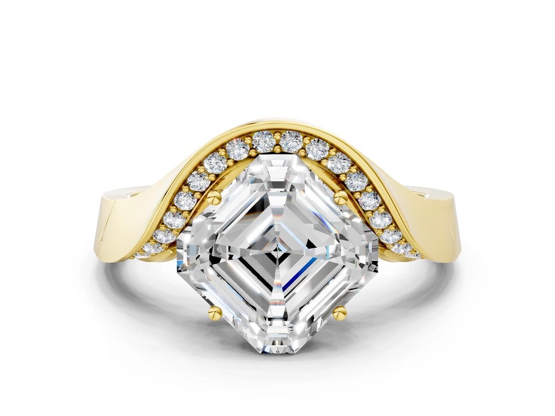 Yellow gold Asscher Solitaire Diamond Engagement Ring with Pave Band and Four-Prong Setting