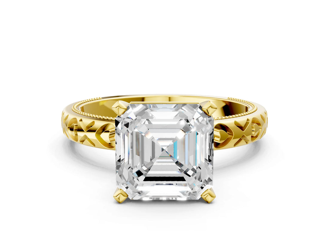 Yellow gold Asscher Solitaire Diamond Engagement Ring with XO Engraved Band and Four-Prong Setting 1