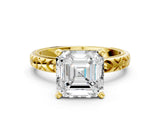 Yellow gold Asscher Solitaire Diamond Engagement Ring with XO Engraved Band and Four-Prong Setting 1