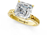 Yellow gold Asscher Solitaire Diamond Engagement Ring with XO Engraved Band and Four-Prong Setting 2