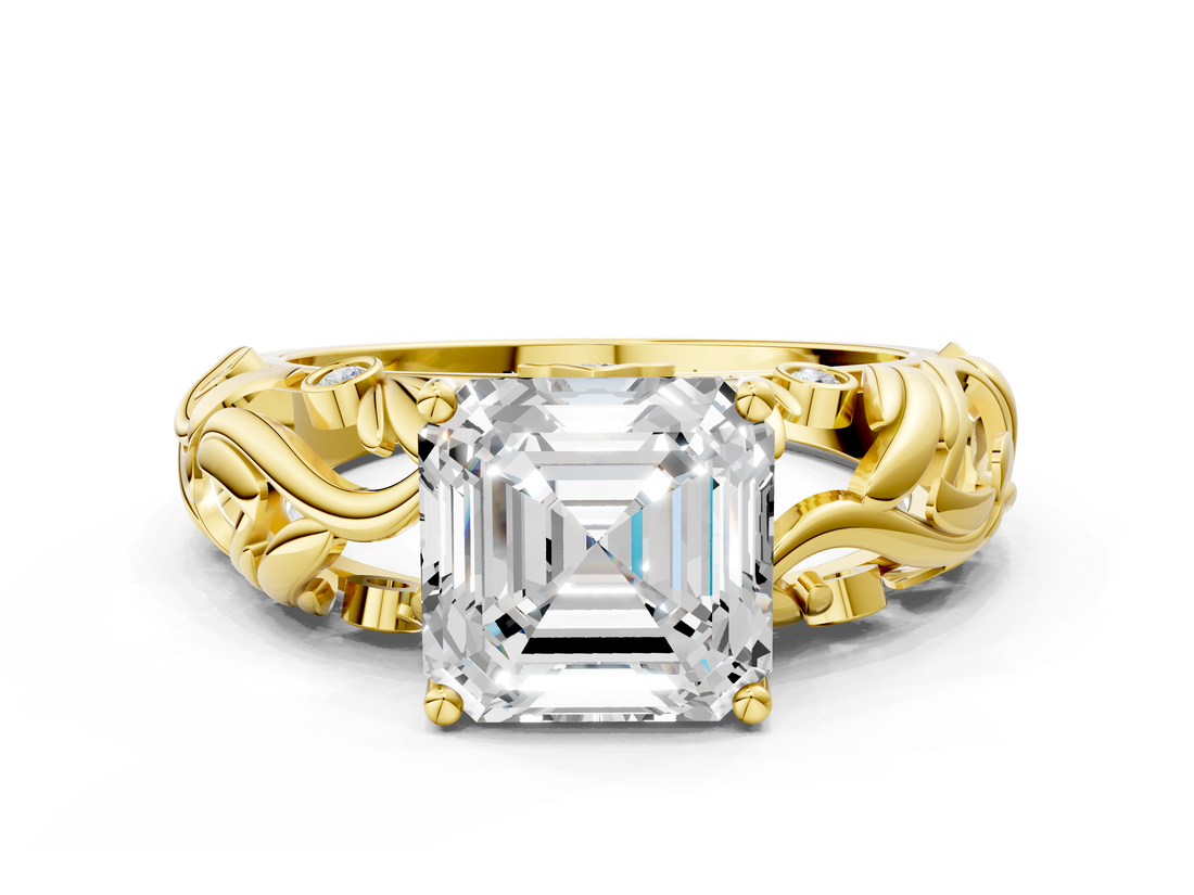 Yellow gold Asscher Solitaire Diamond Leaf Vine Band with Prong Setting_24