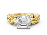 Yellow gold Asscher Solitaire Diamond Leaf Vine Band with Prong Setting_24