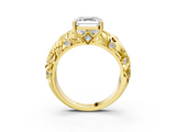 Yellow gold Asscher Solitaire Diamond Leaf Vine Band with Prong Setting_27