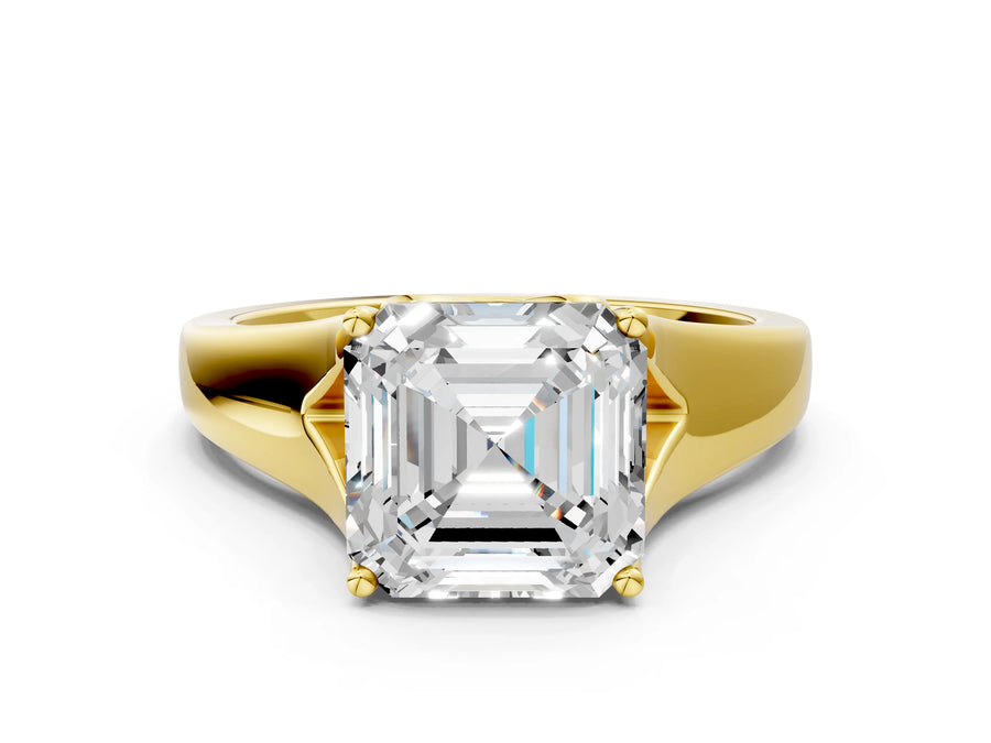 Yellow gold Asscher Solitaire Diamond Ring with Cathedral Band and Four-Prong Setting
