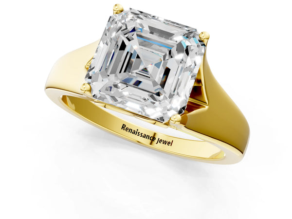 Yellow gold Asscher Solitaire Diamond Ring with Cathedral Band and Four-Prong Setting