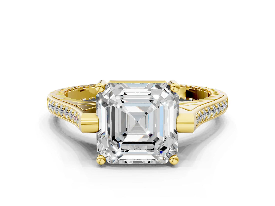 Yellow gold Asscher Solitaire Diamond Ring with Channel Set Band and Bezel Prong Setting_56