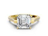 Yellow gold Asscher Solitaire Diamond Ring with Channel Set Band and Bezel Prong Setting_56