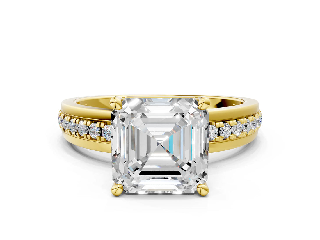 Yellow gold Asscher Solitaire Diamond Ring with Channel Set Band and Six-Prong Setting_53