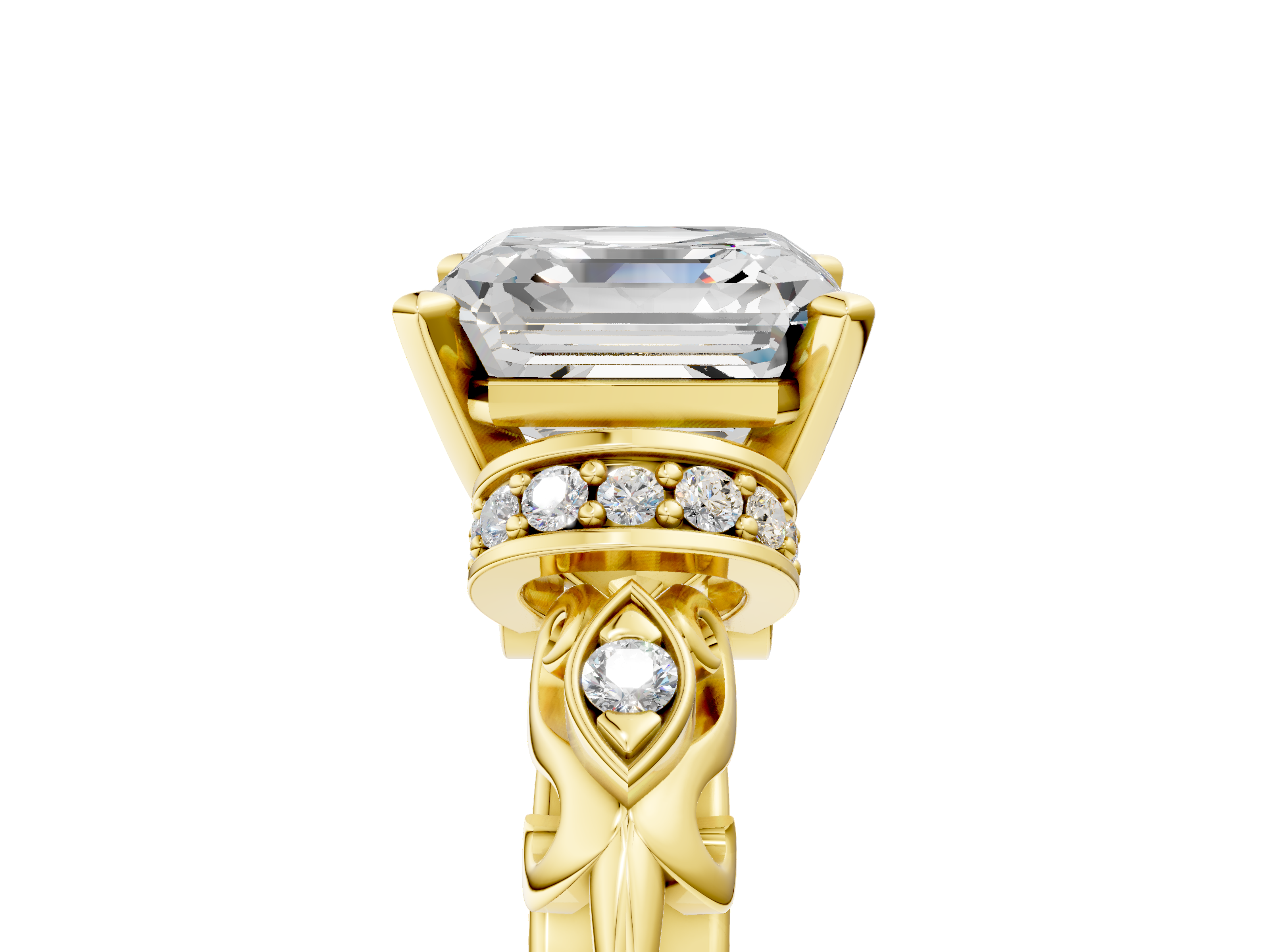 Yellow gold Asscher Solitaire Diamond Ring with Filigree Band and Four-Prong Setting_12