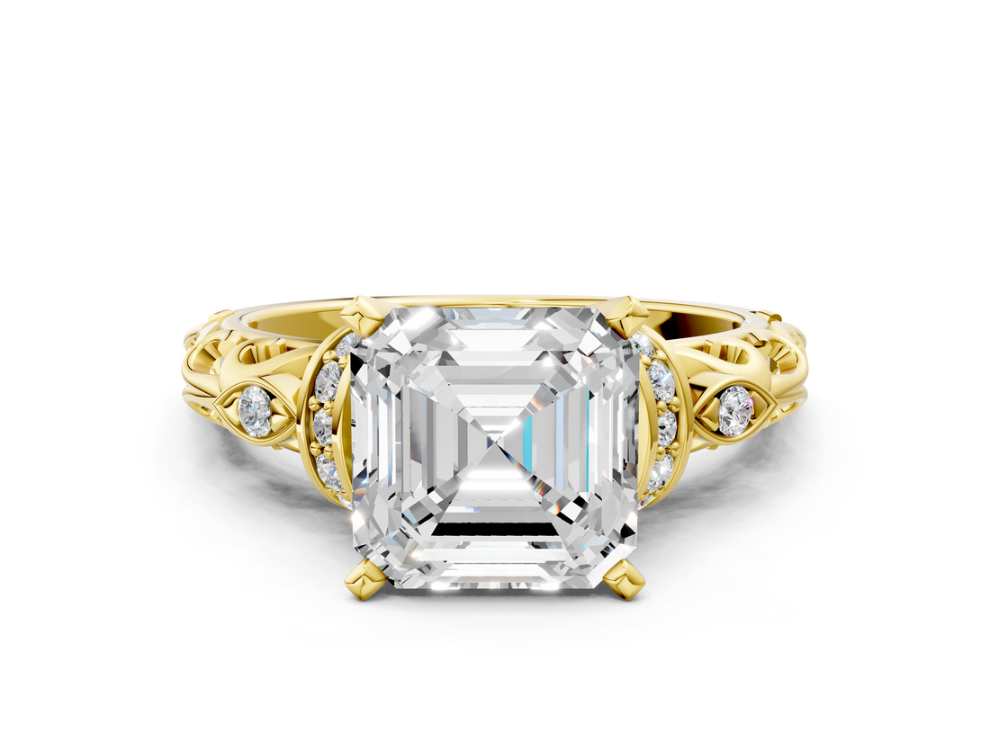 Yellow gold Asscher Solitaire Diamond Ring with Filigree Band and Four-Prong Setting_7