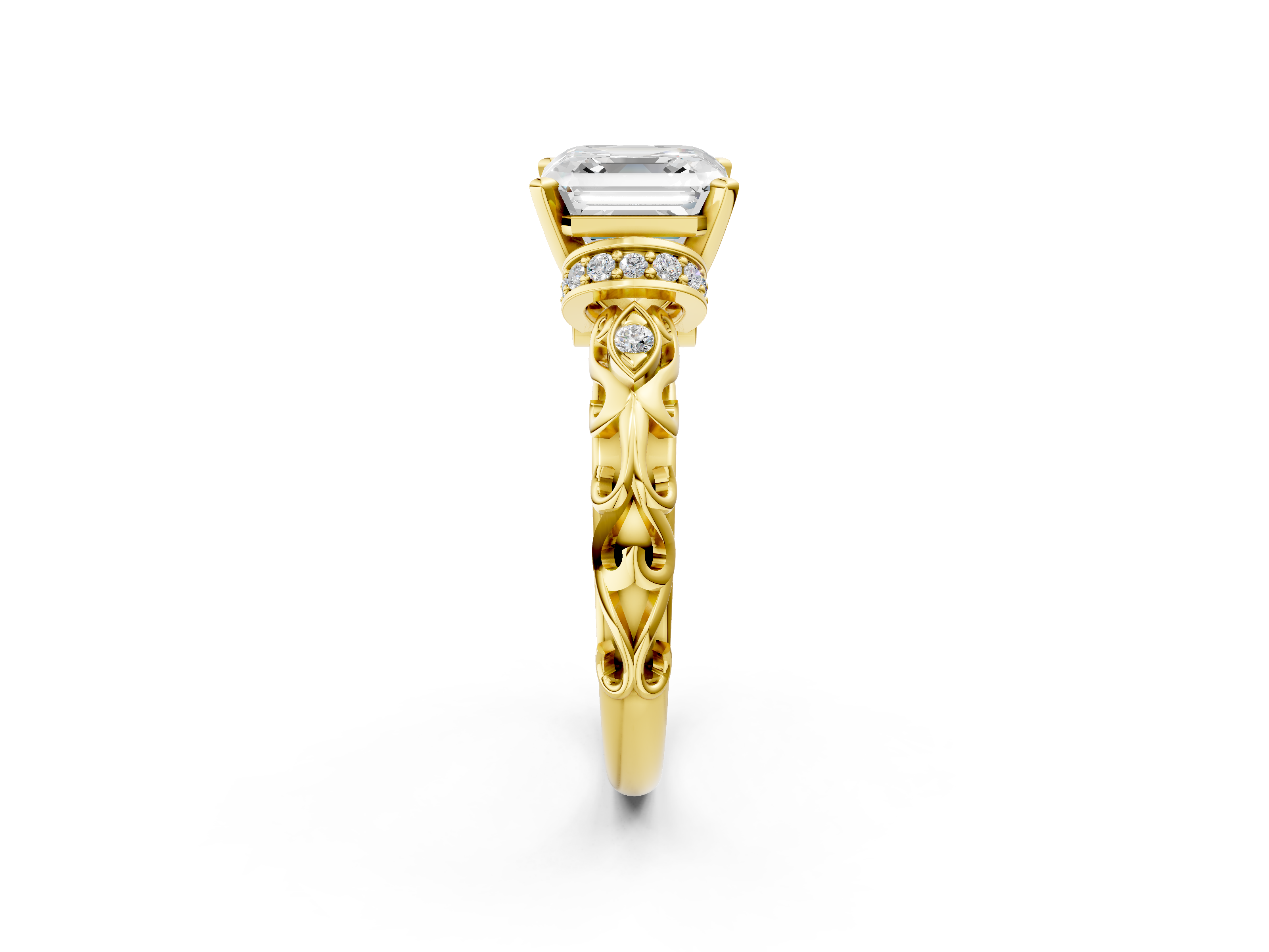 Yellow gold Asscher Solitaire Diamond Ring with Filigree Band and Four-Prong Setting_9