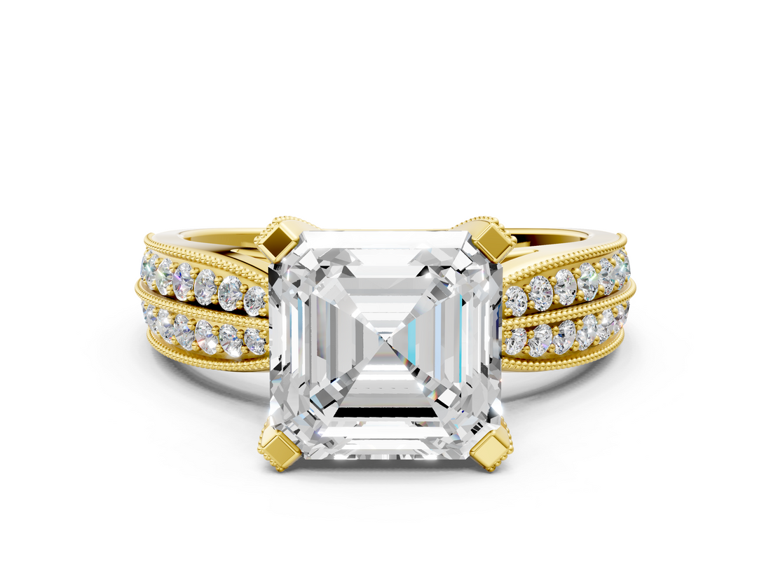 Yellow gold Asscher Solitaire Diamond Ring with Milgrain Pavé Band and Four-Prong Setting_54