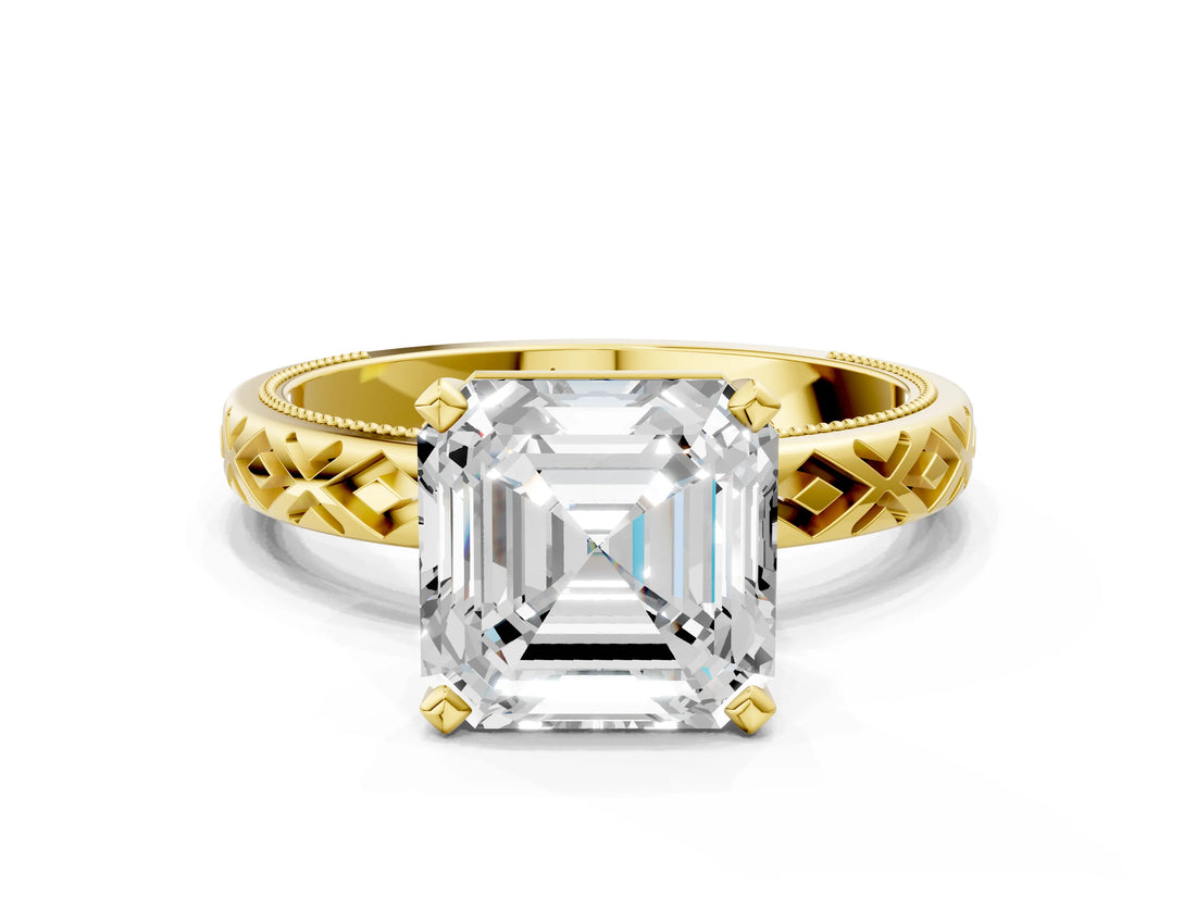 Yellow gold Asscher Solitaire Diamond Ring with Milgrain and Black Enamel X Pattern Band_52
