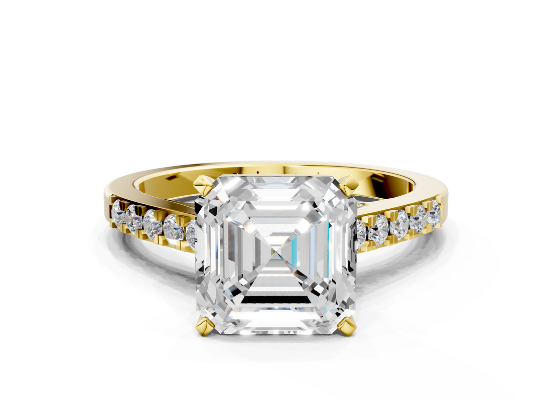 Yellow gold Asscher Solitaire Diamond Ring with Pavé Band and Four-Prong Setting_6