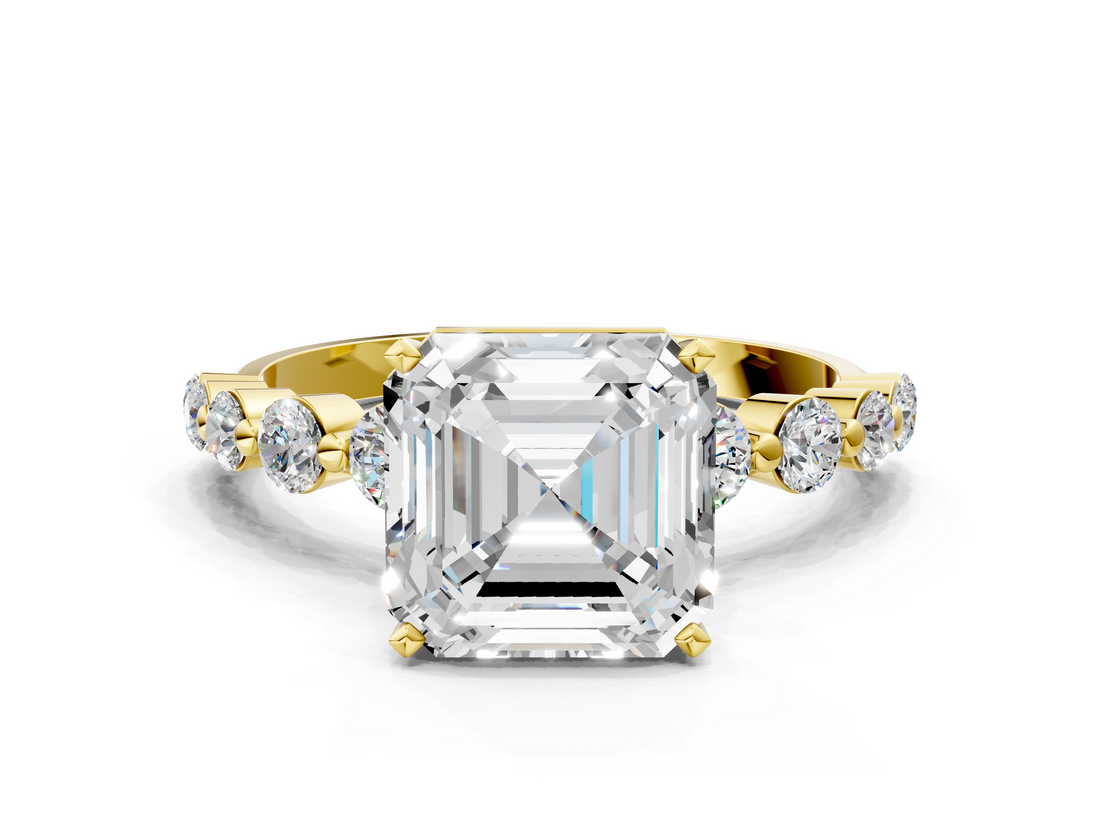 Yellow gold Asscher Solitaire Diamond Ring with Pave Band and Four-Prong Setting_25