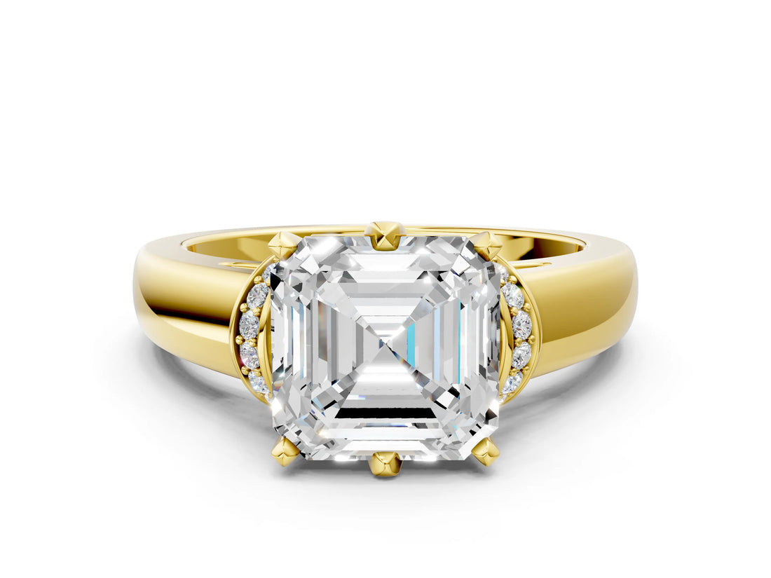 Yellow gold Asscher Solitaire Diamond Ring with Pave Band and Six-Prong Setting_35
