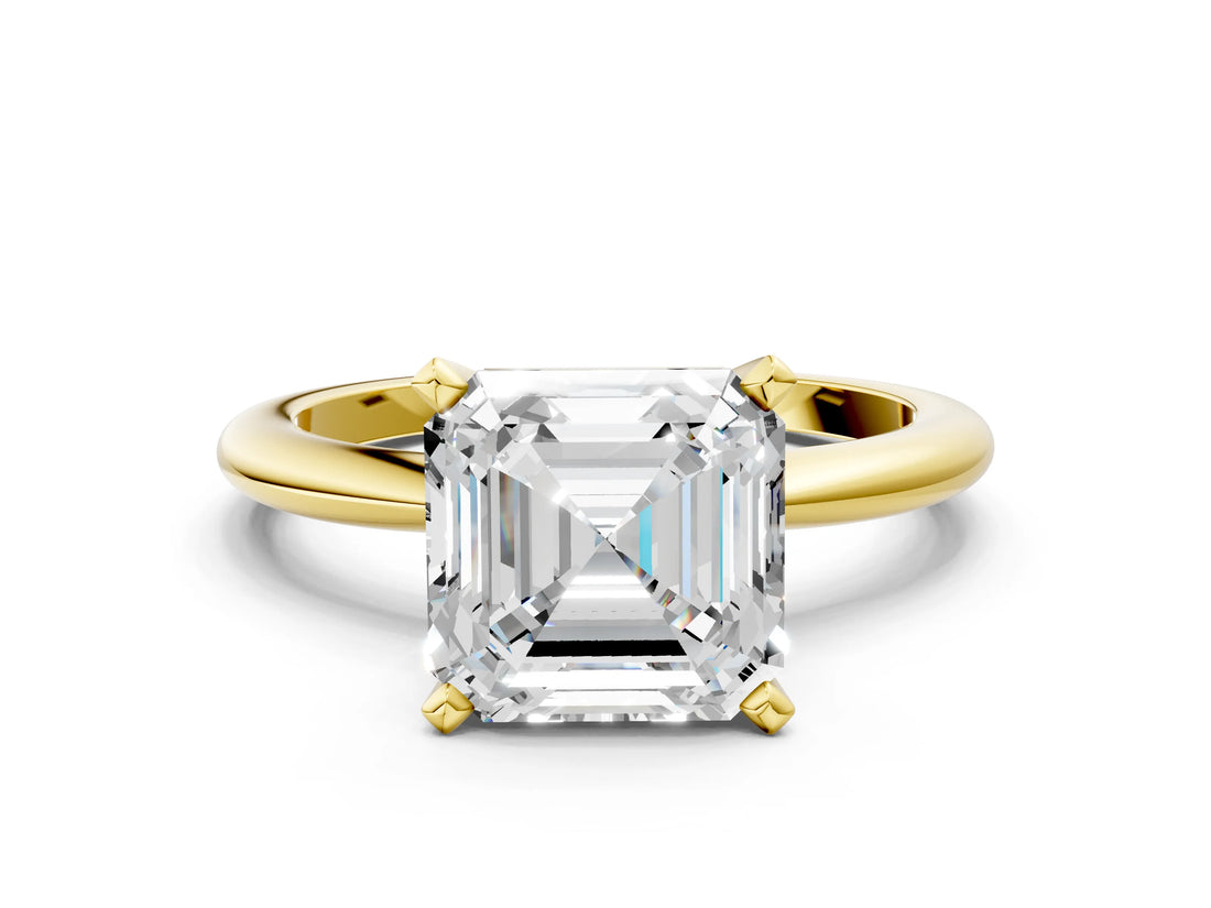 Yellow gold Asscher Solitaire Diamond Ring with Six-Prong Setting on a Classic Band