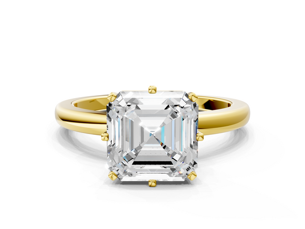 Yellow gold Asscher Solitaire Diamond Ring with Six-Prong Setting on a Classic Band