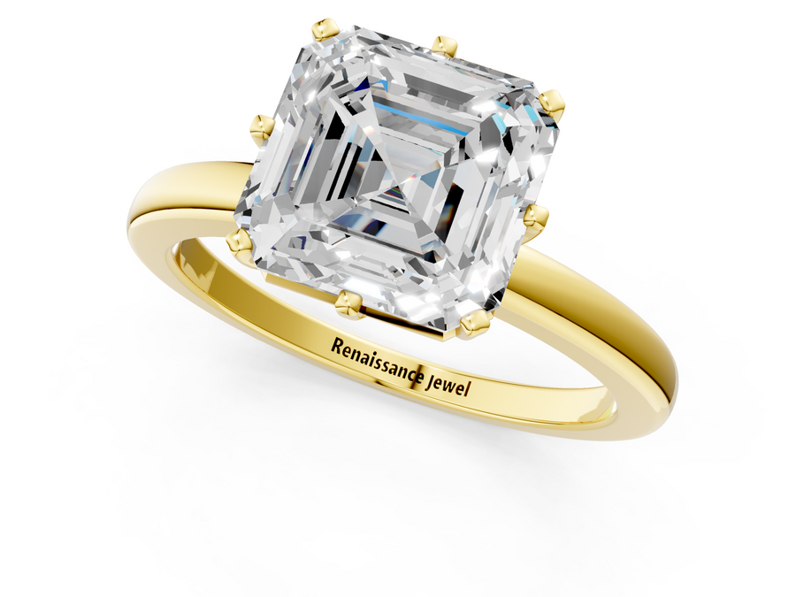 Yellow gold Asscher Solitaire Diamond Ring with Six-Prong Setting on a Classic Band