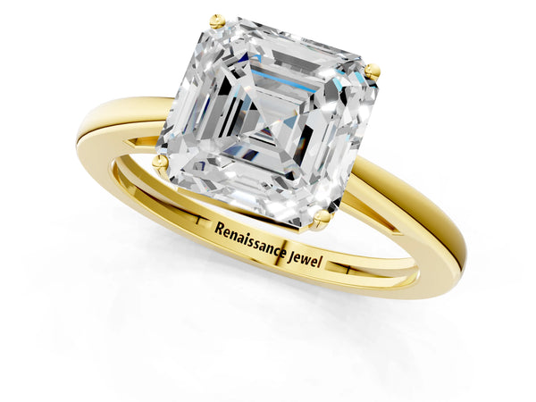 Yellow gold Asscher Solitaire Diamond Ring with Split Shank and Four-Prong Setting