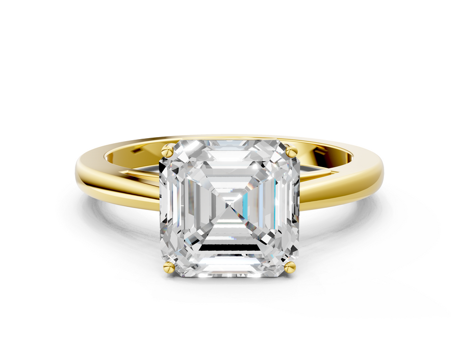 Yellow gold Asscher Solitaire Diamond Ring with Split Shank and Four-Prong Setting