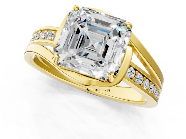 Yellow Gold Asscher Cut Bypass Split Shank Engagement Ring Setting with Channel Set Accents
