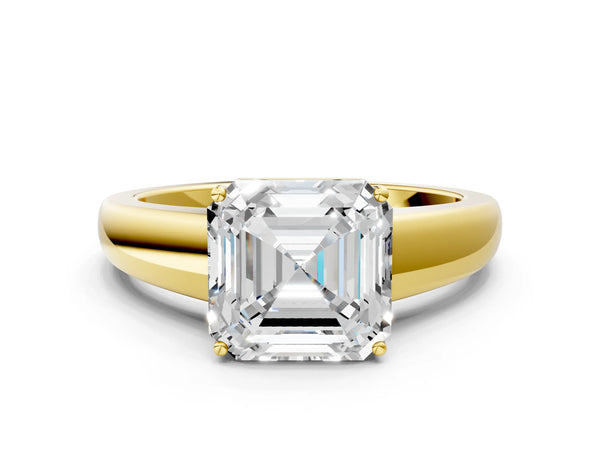 Yellow gold Asscher Solitaire Diamond Ring with Tapered Band and Four-Prong Setting