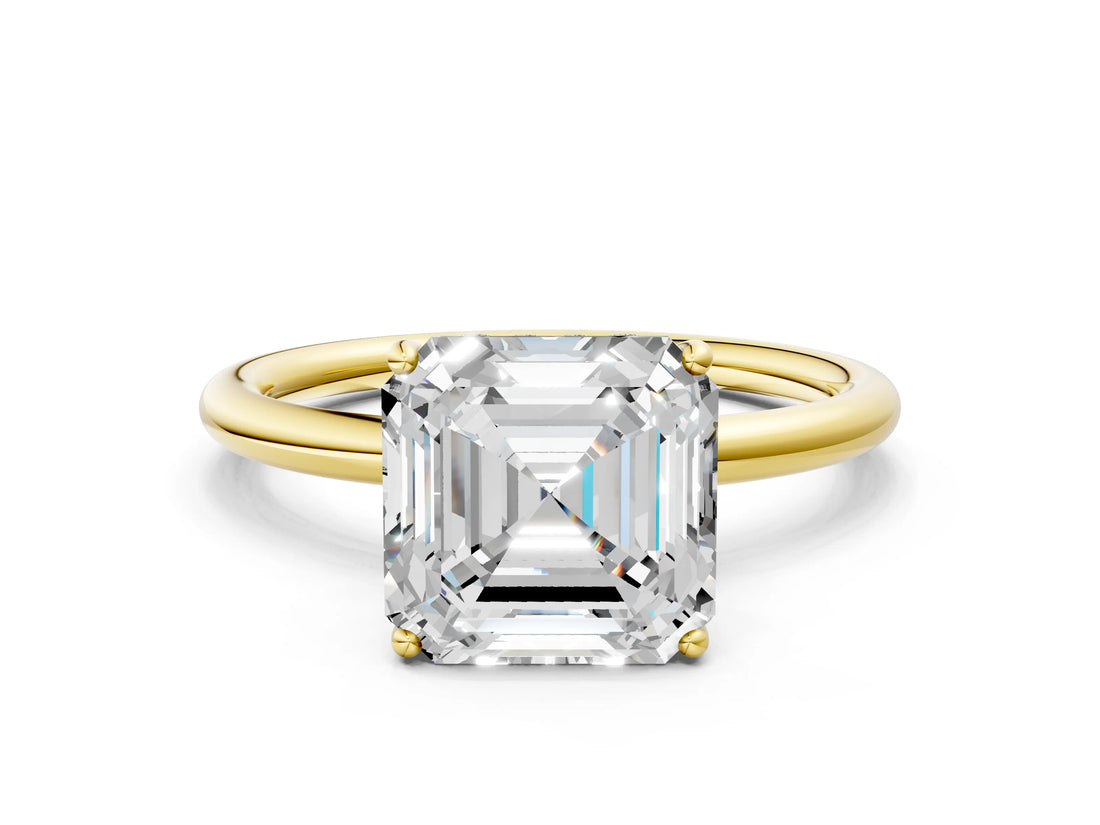 Yellow gold Asscher Solitaire Diamond Ring with a Classic Band and Four-Prong Setting