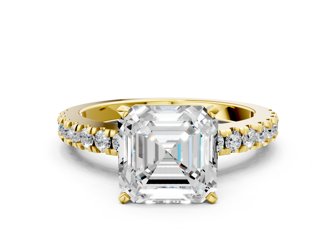 Yellow gold Asscher Solitaire Diamond with Pavé Band and Four-Prong Setting_23