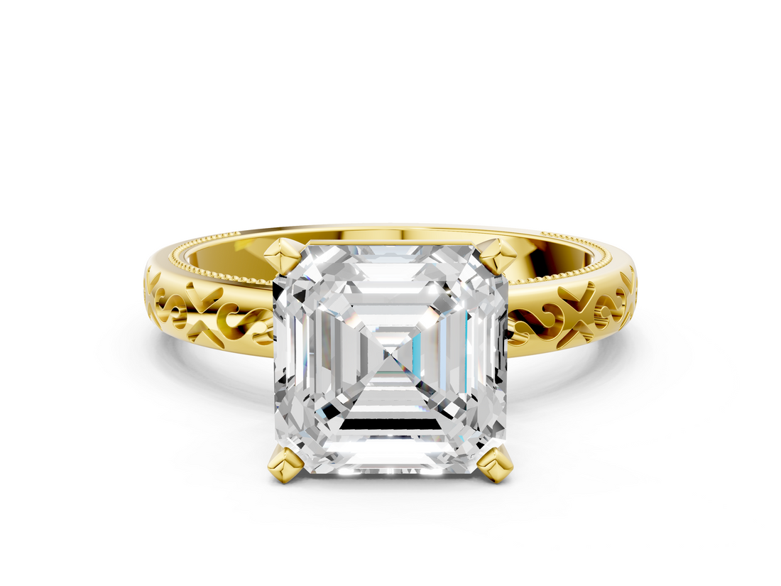 Yellow gold Asscher Solitaire Engagement Ring with Scrollwork Band and Four-Prong Setting_23