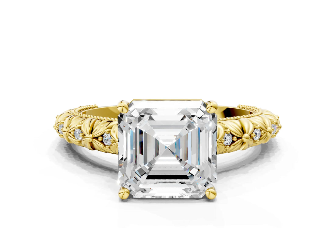 Yellow gold Asscher Solitaire Floral Milgrain Engagement Ring_30