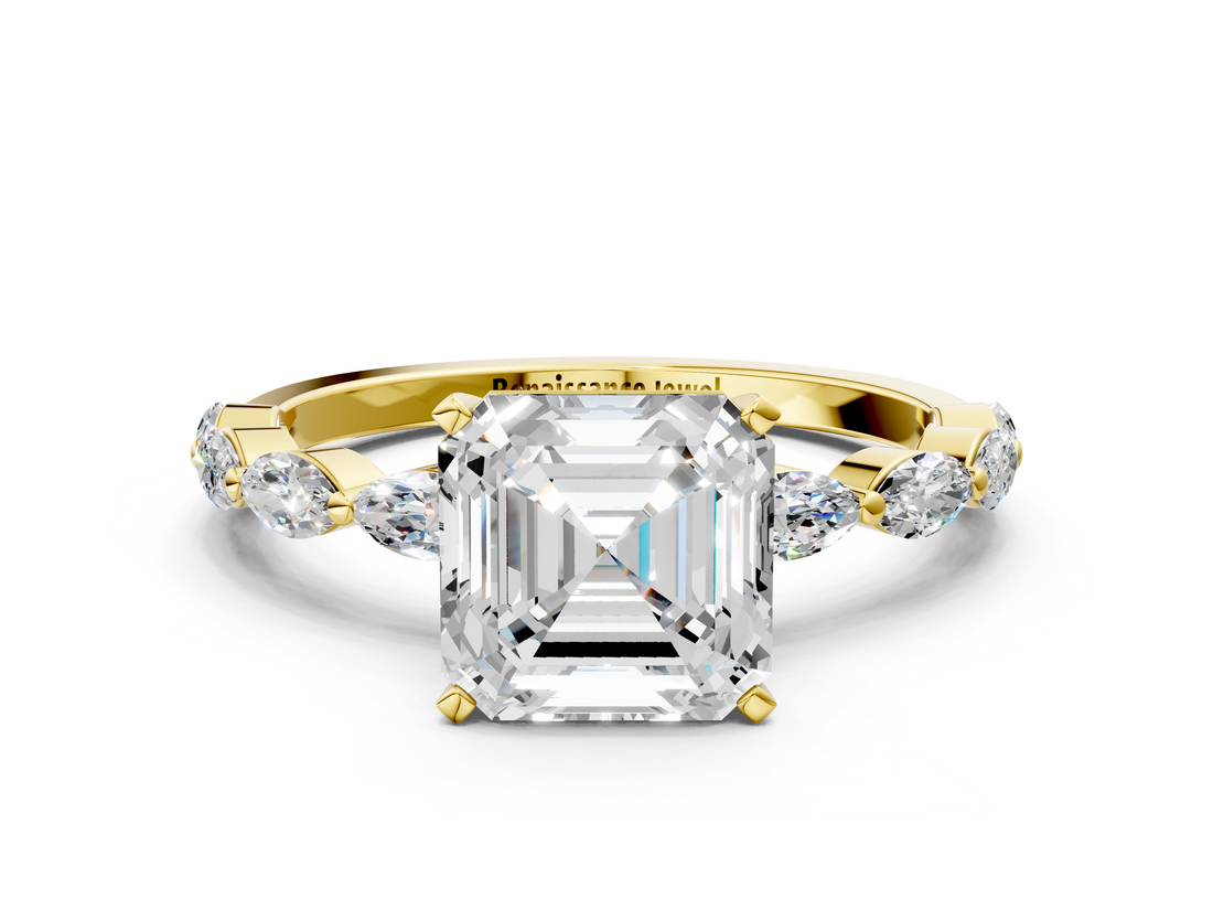 Yellow gold Asscher Solitaire Marquise Side Stone Prong Setting Ring_7