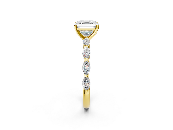 Yellow Gold Asscher Cut Engagement Ring Setting with Marquise Side Stones Along the Band