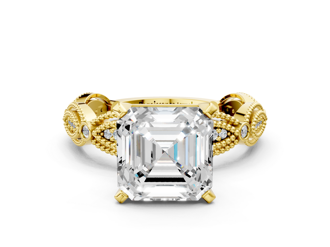 Yellow gold Asscher Solitaire Milgrain Diamond Engagement Ring with Bezel and Marquise Band_6