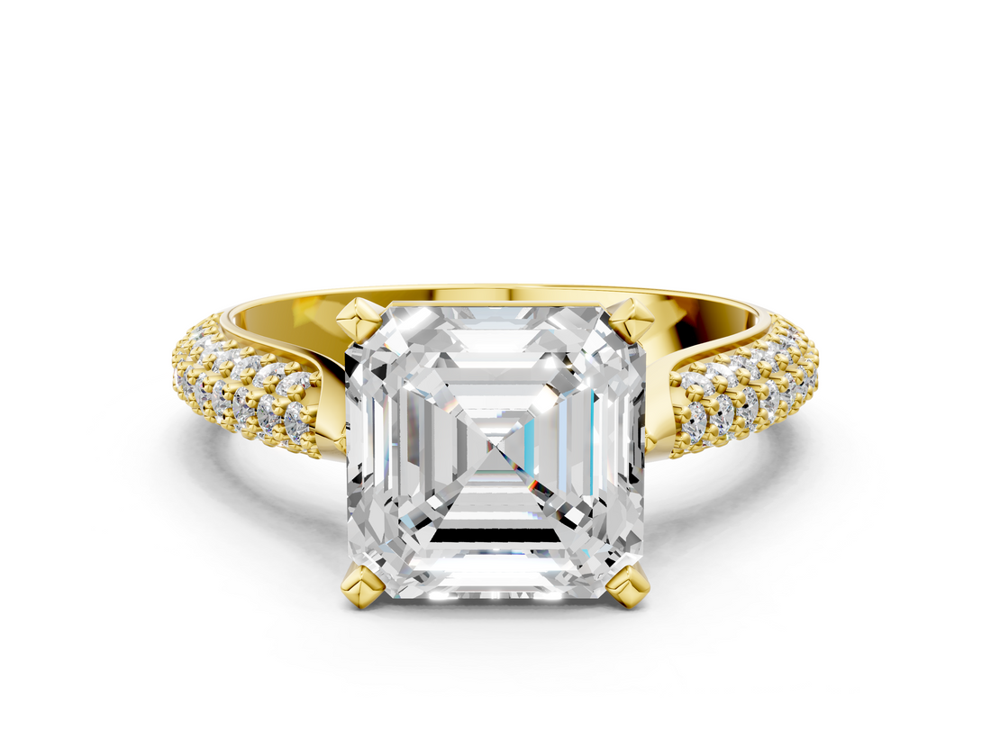 Yellow gold Asscher Solitaire Pavé Diamond Engagement Ring with Four-Prong Setting_23