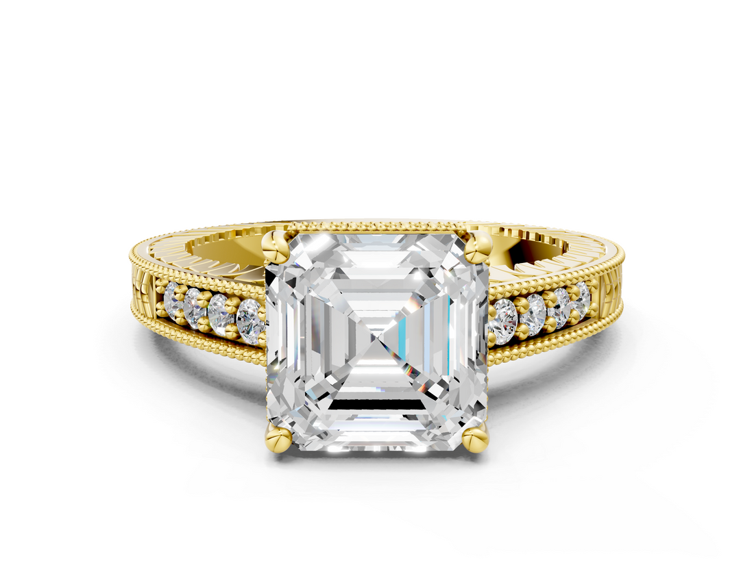 Yellow gold Asscher Solitaire Pavé Diamond Milgrain Engagement Ring with Four-Prong Setting_6