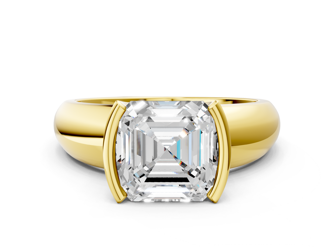 Yellow gold Asscher Solitaire Tension Set Diamond Ring with Wide Band_36