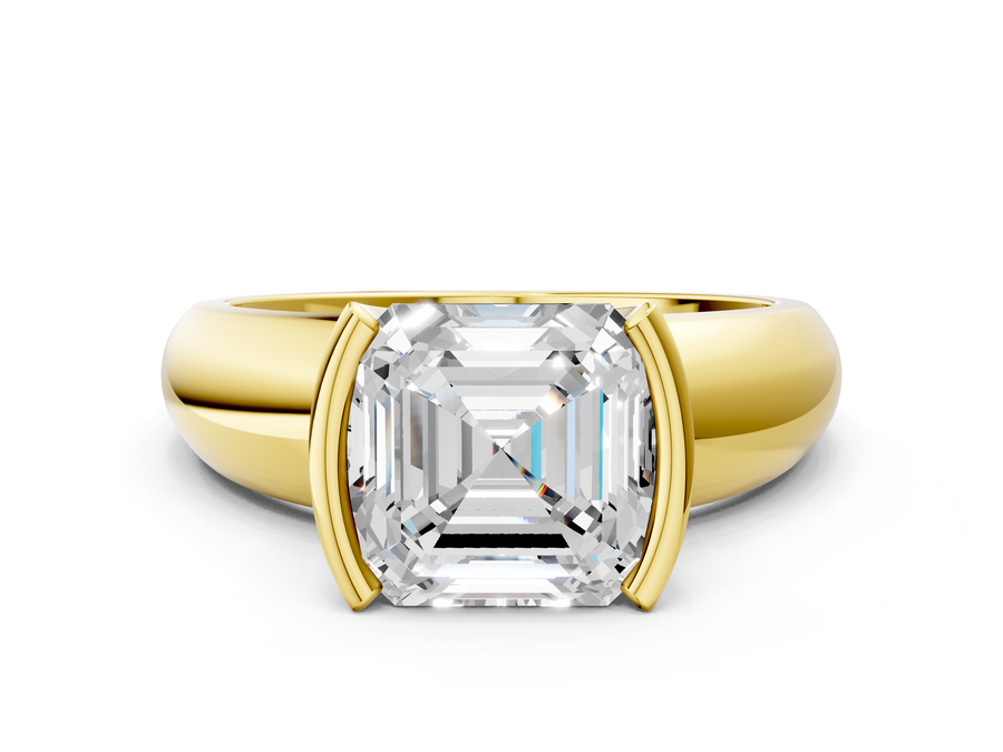 Yellow gold Asscher Solitaire Tension Set Diamond Ring with Wide Band