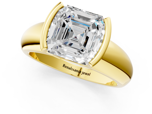 Yellow gold Asscher Solitaire Tension Set Diamond Ring with Wide Band