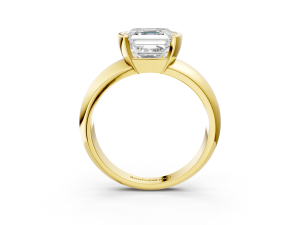 Yellow gold Asscher Solitaire Tension Set Diamond Ring with Wide Band